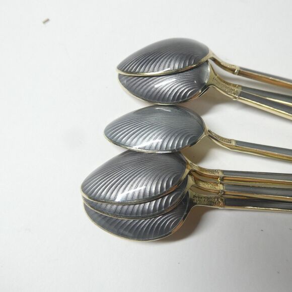 Set of 7 Spoons 3.75" Bernard Mendahl 925 Sterling Norway Gray Guilloche Enamel - Picture 11 of 12